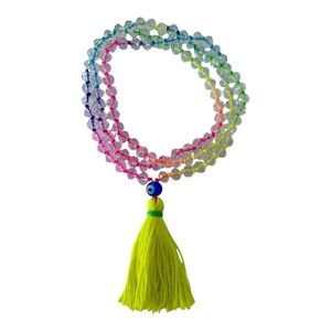 Mala Necklace with Neon Yellow Tassel, Clear Beads and Rainbow Colored Cord
